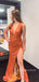 High Slit Burnt Orange Satin V-neck Long Evening Prom Dresses, Mermaid Prom Dress, BGS0391