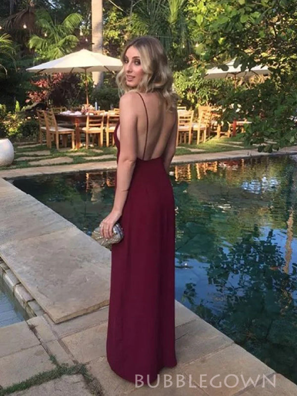 Spaghetti Straps Burgundy Side Slit Long Evening Prom Dresses, BGS0400