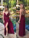 Spaghetti Straps Burgundy Side Slit Long Evening Prom Dresses, BGS0400