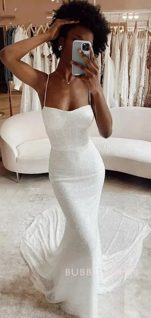 White Sequins Mermaid Spaghetti Straps Long Evening Prom Dresses, Sparkly Wedding Dress, BGS0403