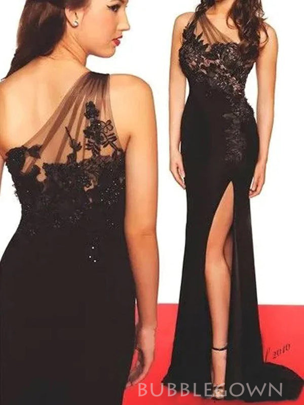 One Shoulder Black Appliques Mermaid Side Slit Long Evening Prom Dresses, BGS0405