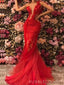 Red Tulle Appliques Mermaid Long Evening Prom Dresses, One Shoulder Prom Dress, BGS0411