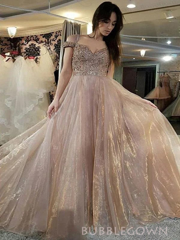 Off Shoulder Organza Beaded A-line Long Evening Prom Dresses, BGS0412