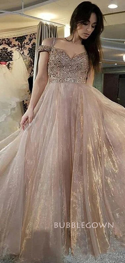 Off Shoulder Organza Beaded A-line Long Evening Prom Dresses, BGS0412