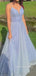 A-line Blue Sparkly V-neck Long Prom Dresses, Spaghetti Straps Prom Dress, BGS0413