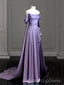 Off Shoulder Purple Satin Long Prom Dresses, Bateau Prom Dress, BGS0415