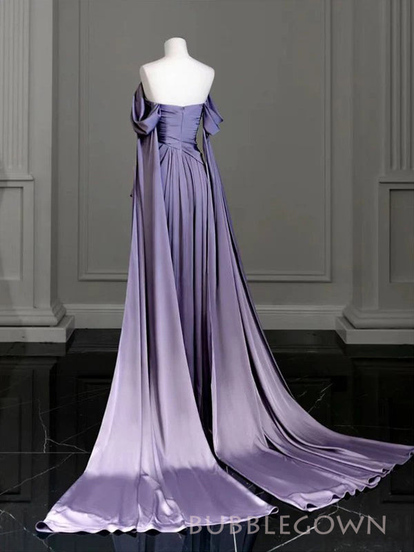 Off Shoulder Purple Satin Long Prom Dresses, Bateau Prom Dress, BGS0415