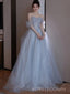 Off Shoulder Blue Tulle Sequins Long Prom Dresses, A-line Prom Dress, BGS0417