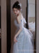 Off Shoulder Blue Tulle Sequins Long Prom Dresses, A-line Prom Dress, BGS0417