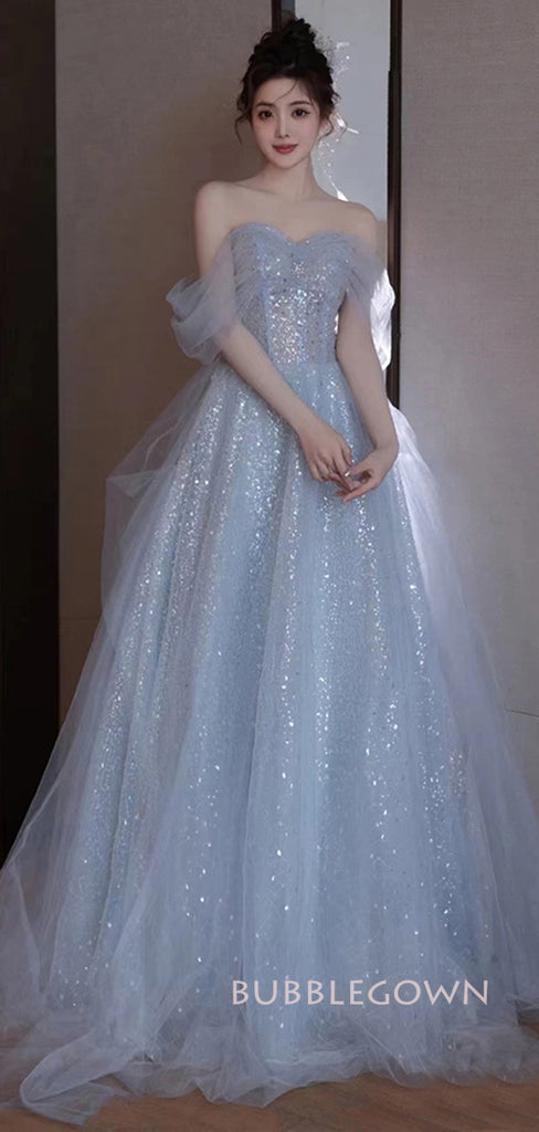 Off Shoulder Blue Tulle Sequins Long Prom Dresses, A-line Prom Dress, BGS0417