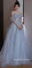 Off Shoulder Blue Tulle Sequins Long Prom Dresses, A-line Prom Dress, BGS0417