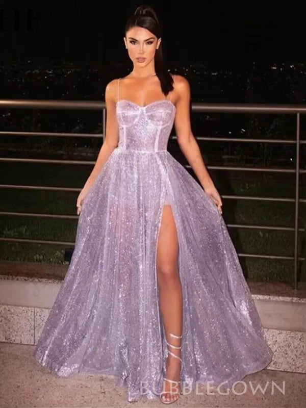 Spaghetti Straps A-line Purple Long Prom Dresses, See Through Prom Dress, BGS0420