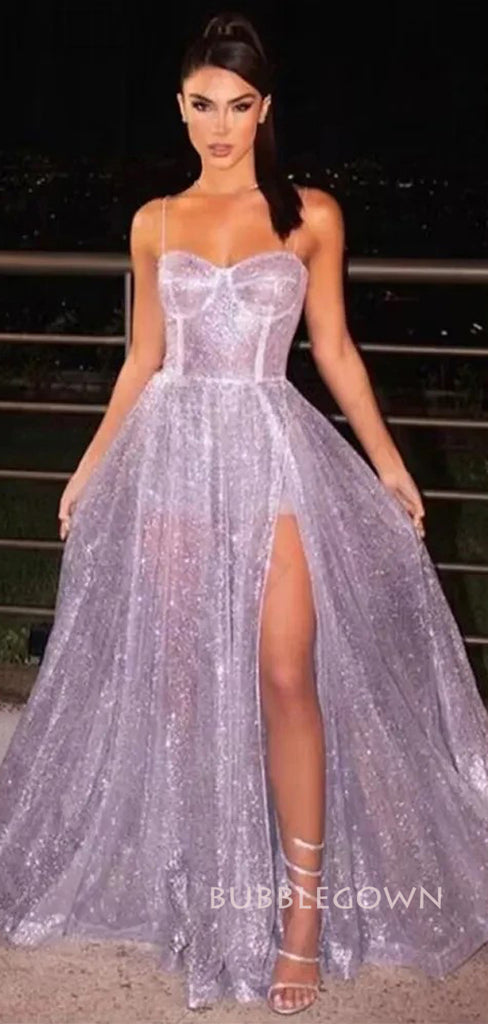 Spaghetti Straps A-line Purple Long Prom Dresses, See Through Prom Dress, BGS0420