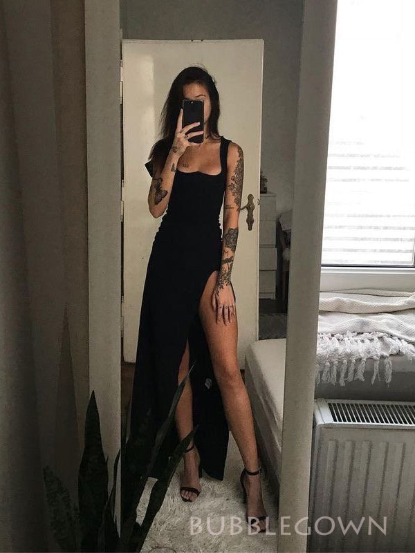 High Slit Black Long Prom Dresses, Custom Straps Prom Dress, BGS0423