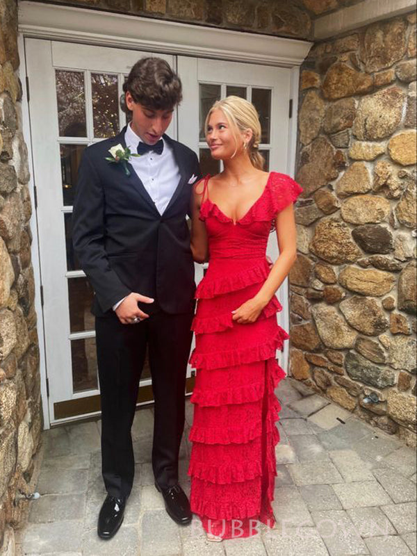 Red Lace Mermaid V-neck Long Prom Dresses, V-back Prom Dress, BGS0429