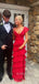 Red Lace Mermaid V-neck Long Prom Dresses, V-back Prom Dress, BGS0429