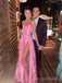 A-line High Slit Satin Strapless Long Prom Dresses, BGS0435