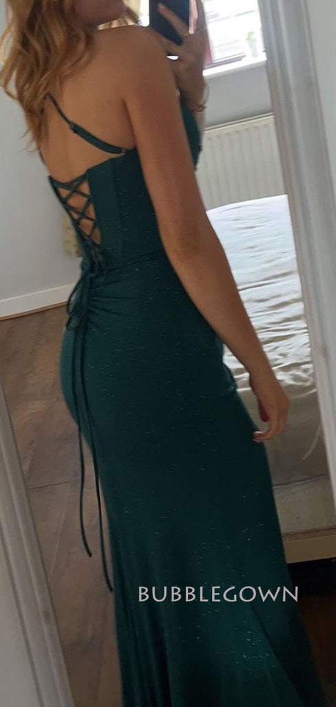 Sparkly Dark Green Mermaid Long Prom Dresses, V-neck Prom Dress, BGS0442