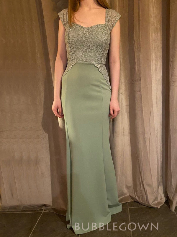 Sage Green Lace Mermaid Long V-neck Prom Dresses, BGS0444