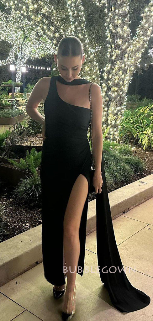 Sheath Black Mermaid One Shoulder Side Slit Long Prom Dresses, BGS0446