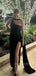 Sheath Black Mermaid One Shoulder Side Slit Long Prom Dresses, BGS0446