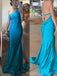 Backless Mermaid One Shoulder Blue Satin Long Prom Dresses, BGS0459