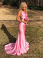 Sexy Backless Pink Satin V-neck Long Prom Dresses, Mermaid Custom Prom Dress, BGS0471