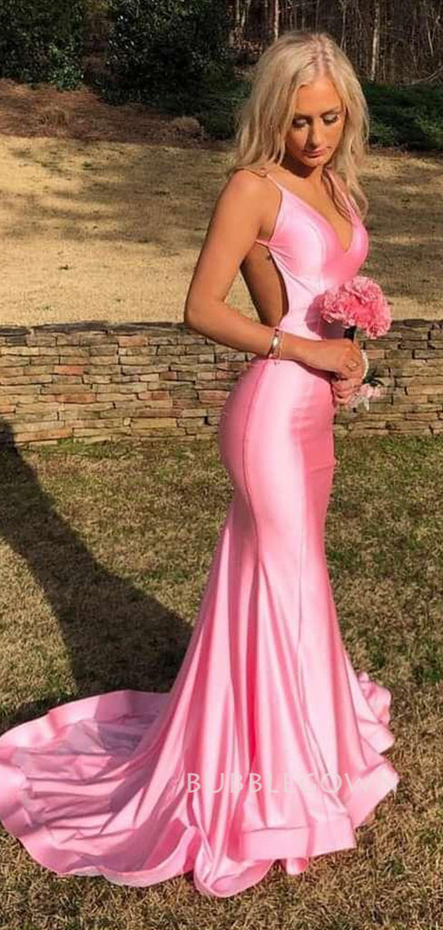 Sexy Backless Pink Satin V-neck Long Prom Dresses, Mermaid Custom Prom Dress, BGS0471