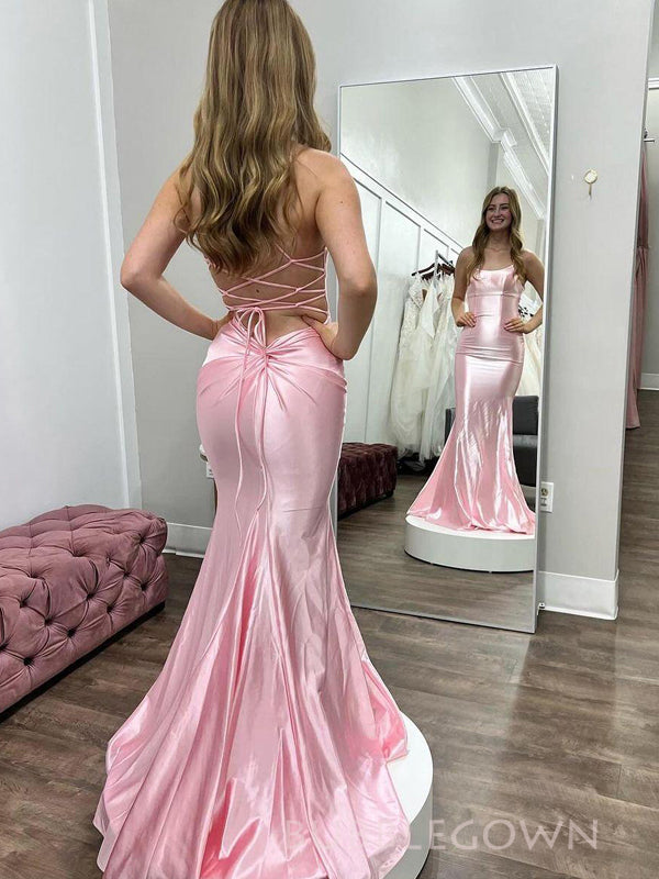 Spaghetti Straps Mermaid Satin Long Prom Dresses, Pink Prom Dress, BGS0473