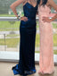 Spaghetti Straps Blue Satin Cowl-neck Long Prom Dresses, BGS0476