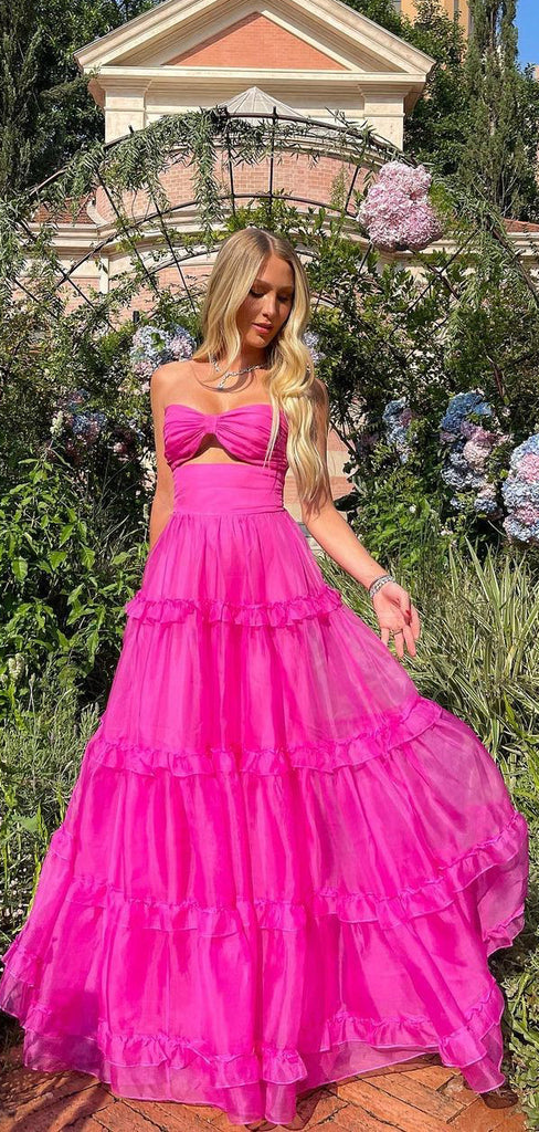 Sweetheart Hot Pink A-line Organza Long Prom Dresses, BGS0482