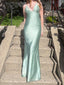 Sage Green Satin Mermaid Spaghetti Straps V-neck Long Prom Dresses, BGS0487