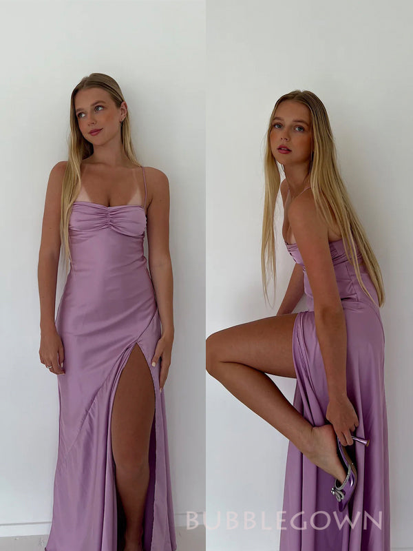Spaghetti Straps Lilac Satin Mermaid Long Prom Dresses, BGS0501