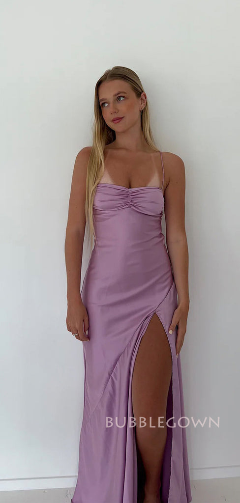 Spaghetti Straps Lilac Satin Mermaid Long Prom Dresses, BGS0501