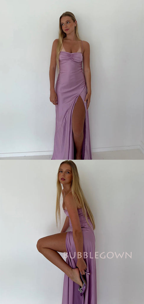 Spaghetti Straps Lilac Satin Mermaid Long Prom Dresses, BGS0501
