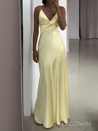 Simple Yellow Satin V-neck Long Prom Dresses, BGS0502