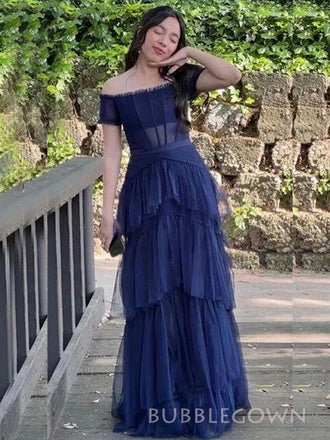 Off Shoulder Blue Tulle A-line Long Prom Dresses, BGS0504