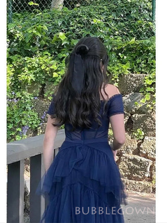 Off Shoulder Blue Tulle A-line Long Prom Dresses, BGS0504