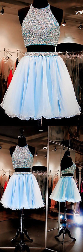 Two Pieces Halter Open Back Shinning Blue Homecoming Dresses, BG51484