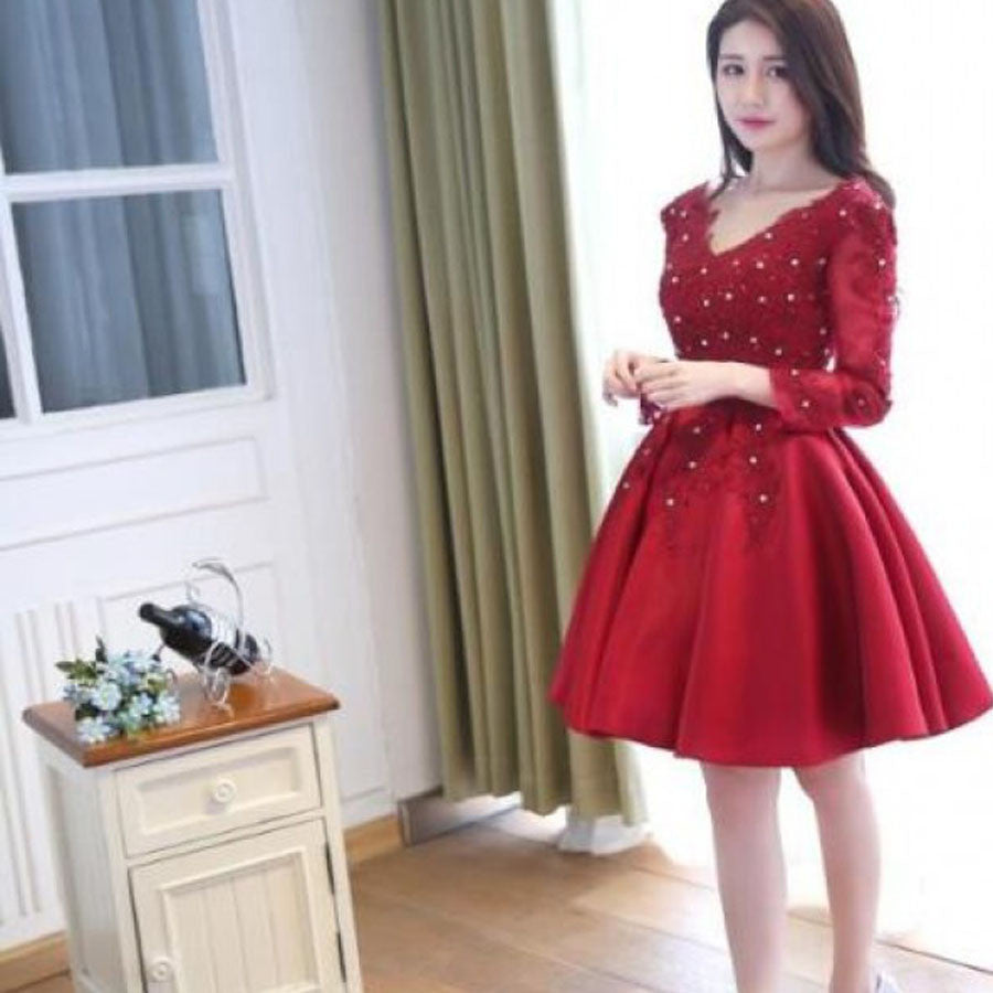 Long Sleeve Red V Neck Short Homecoming Dresses, BG51468 - Bubble Gown