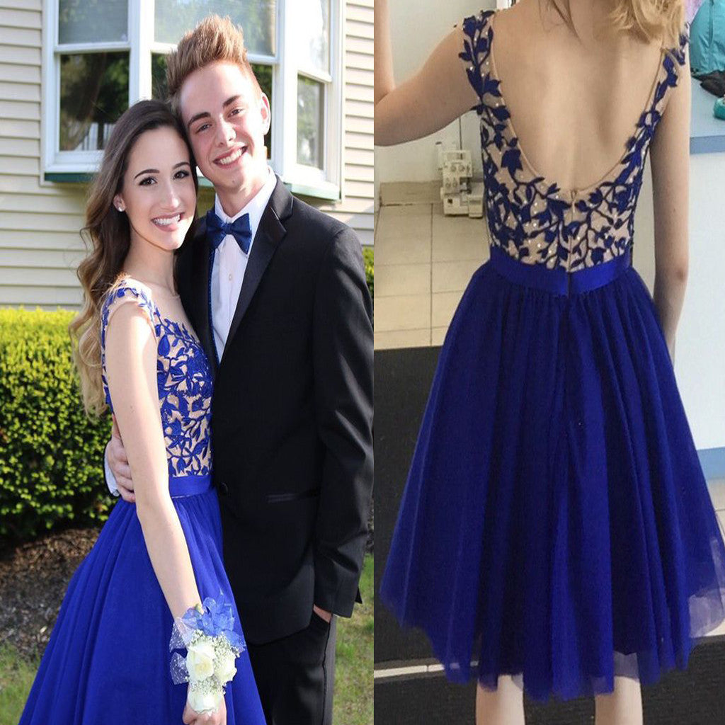 Royal Blue Applique Open Back Short Homecoming Dresses, BG51481