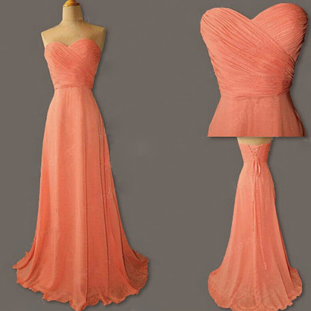 Coral Simple Sweet Heart Chiffon Lace Up Back Long Bridesmaid Dresses, BG51301 - Bubble Gown
