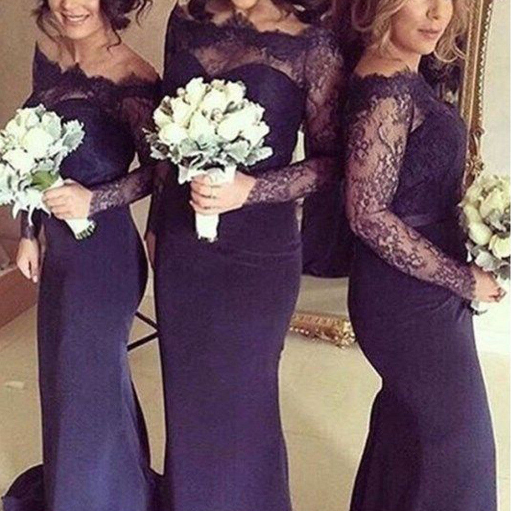 Long Sleeves Mermaid Lace Wedding Party Bridesmaids Guest Dresses, BG51370 - Bubble Gown