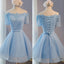 Blue Off Shoulder Half Sleeves Lace Up Cute Homecoming Dresses, BG51446