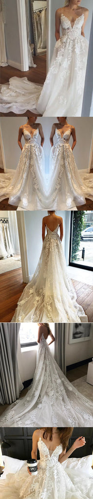 Applique Sexy Online V Neck Ivory Fashion Long Prom Wedding Dresses, BG51501 - Bubble Gown