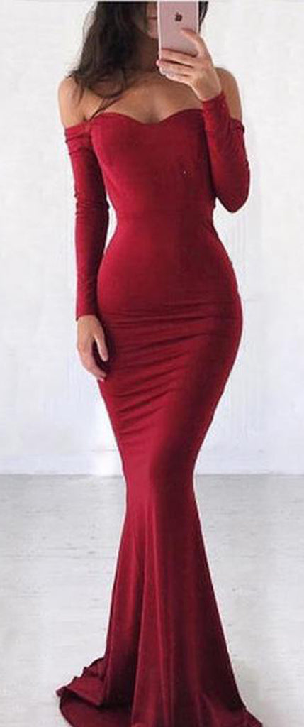 Off the Shoulder Long Sleeves Mermaid Burgundy Long Bridesmaid Dresses, BGP299