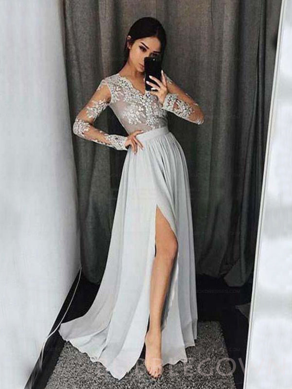 Long Sleeves V Neck Side Split Sexy Silver Long Prom Dresses, BG51629