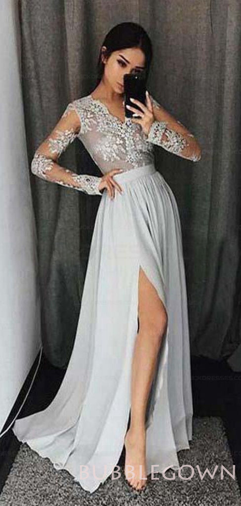 Long Sleeves V Neck Side Split Sexy Silver Long Prom Dresses, BG51629