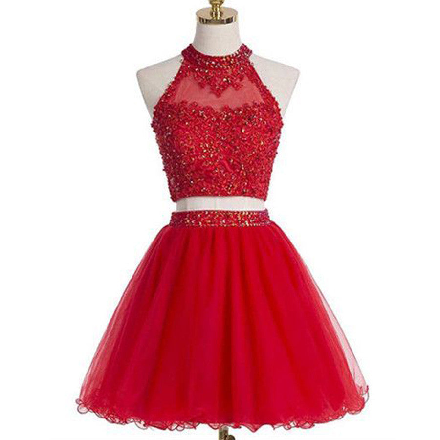 Red Two Pieces Halter Open Back Cute Homecoming Dresses, BG51452