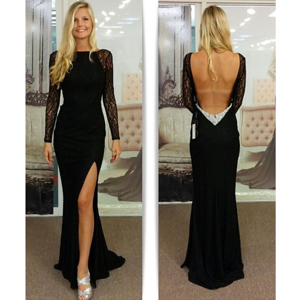 Black Long Sleeve Sexy Backless Mermaid Side Split Long Lace Prom Dress, BG51190 - Bubble Gown